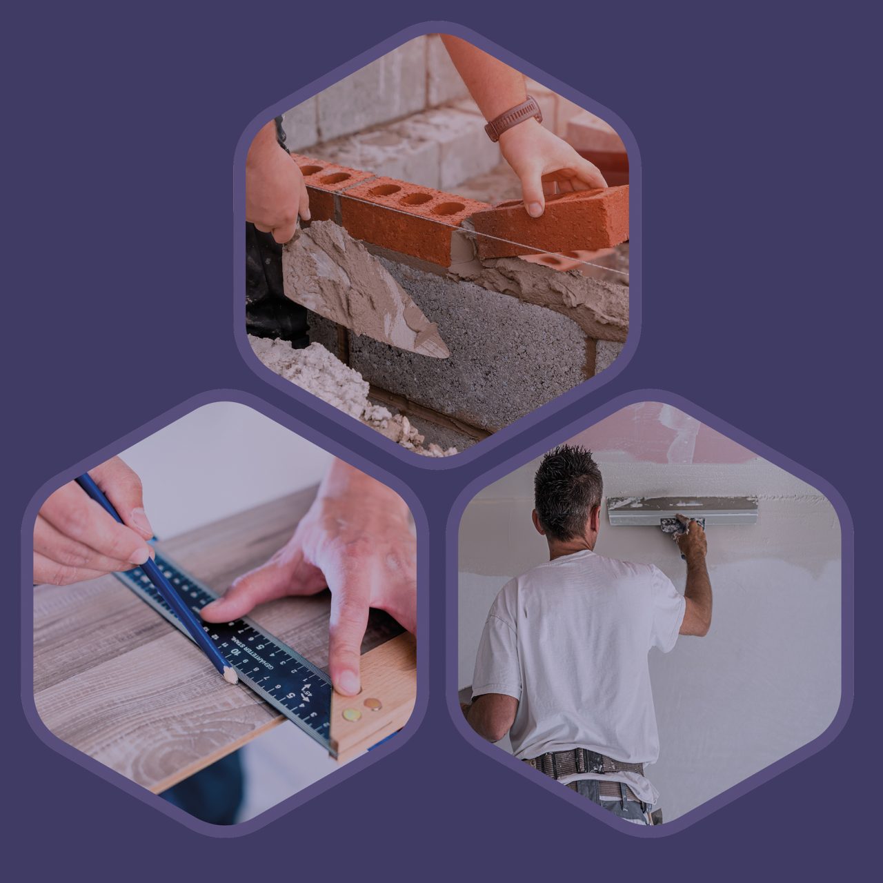 3 hexagons, bricklayer, carpenter, plasterer, purple background