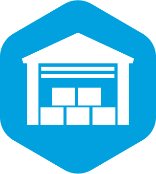 white warehouse icon in a blue hexagon