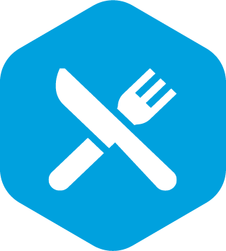 white knife and fork icon on a blue hexagon