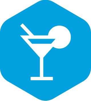 white cocktail glass icon on a blue hexagon