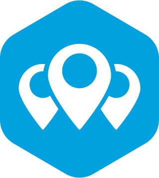 white map pinpoint icon on a blue hexagon