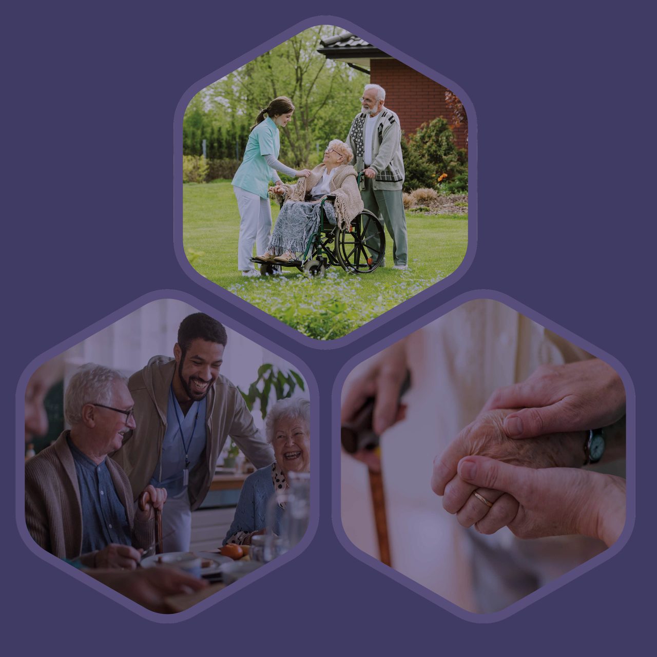 3 images show people taking care of others