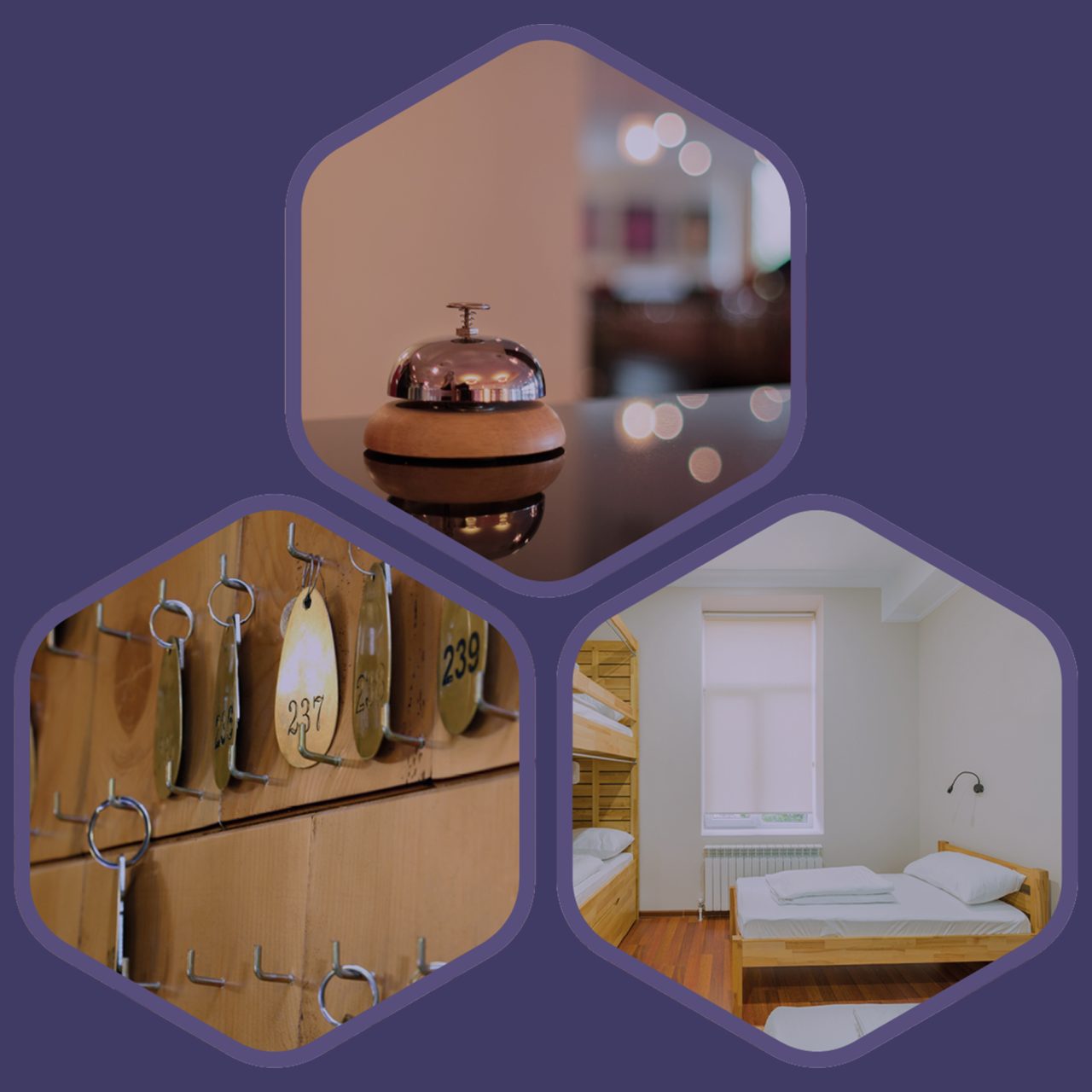 image of a bell, image of key tags and image of a bedroom in hexagons on a purple background